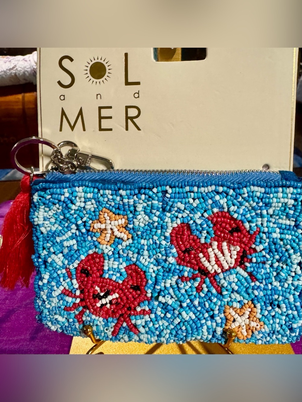 NWT Sol & Mer Beaded Crabs Starfish Key and Cardholder Blue